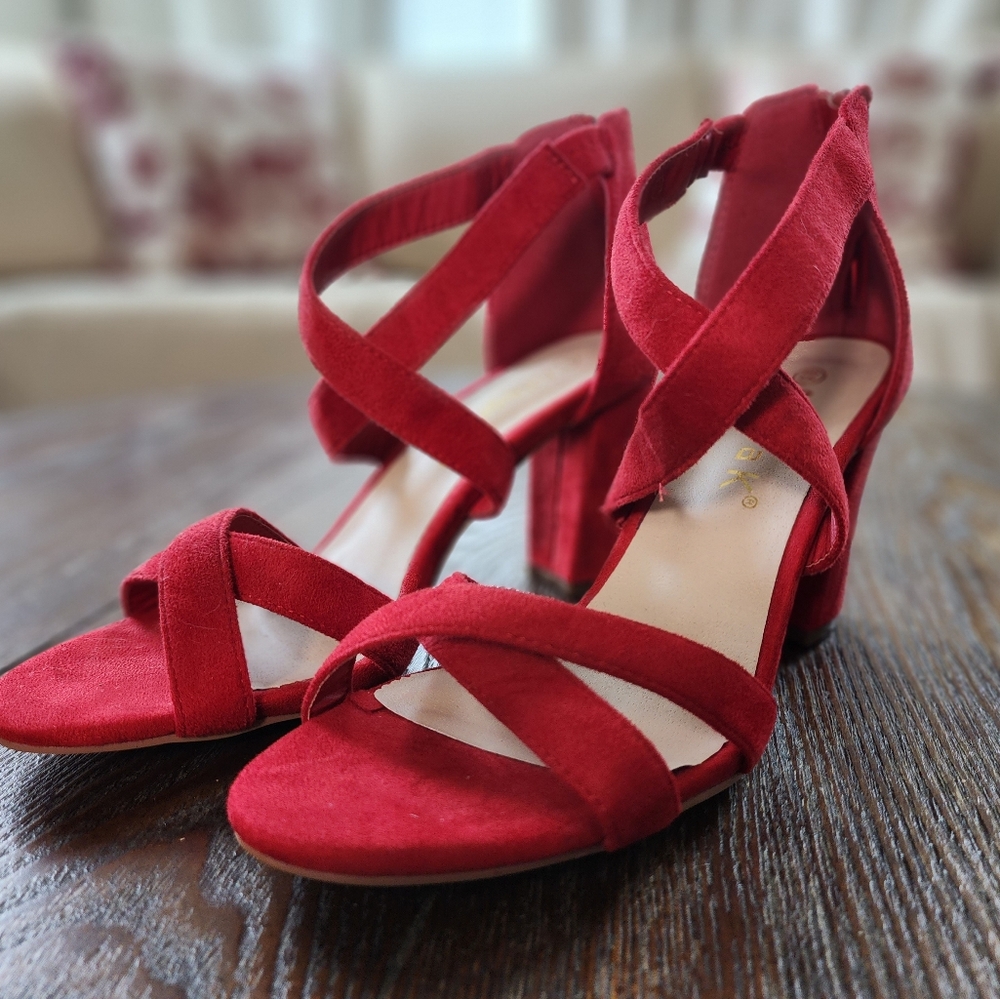 Allegra K Elegant Soft Velure Red Strappy Heels Size 8.5us